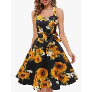 Topdress Women's Polka Audrey Dress Halter Retro Cocktail Dress Black Sunflower